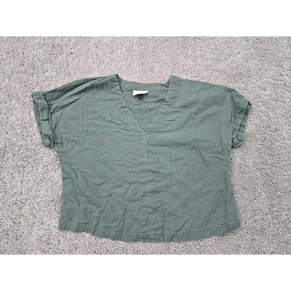 Universal Thread Top Womens Large Green V-Neck Short Sleeve Linen Blend Cropped